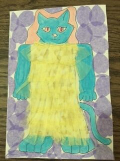Teal colored Cat-Woman wears yellow tulle dress