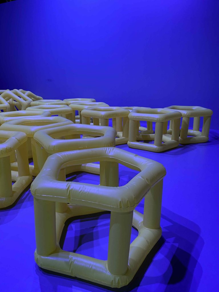 Balloon air filled 3D structures for visitors to stack and construct 