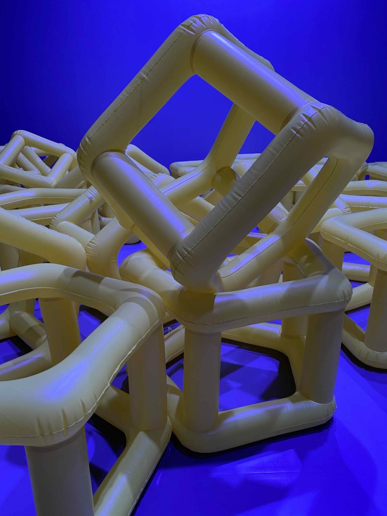 Balloon air filled 3D structures for visitors to stack and construct 