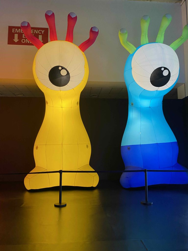 These large inflatable balloons are called the Goofs - they look like UFOs. They are 4 in a set of primary colors red, yellow, blue and then an extra green.