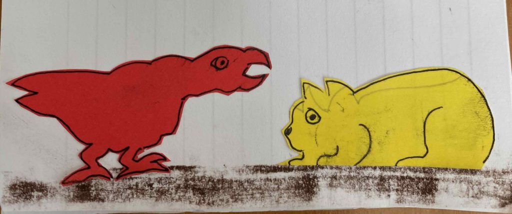 Drawing on colored paper then it was cut out and pasted on background paper.