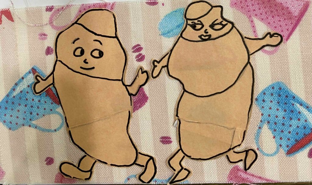 Croissant couple go for a walk escape out of the bakery or supermarket. 
