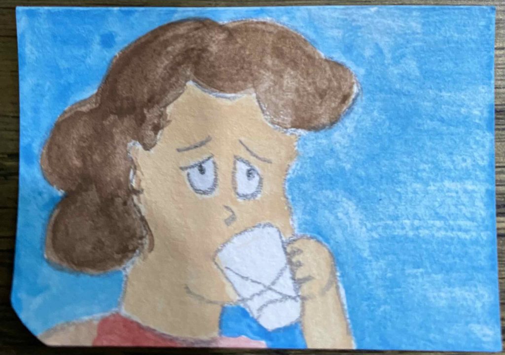 After painting shows me, drinking a glass of water.