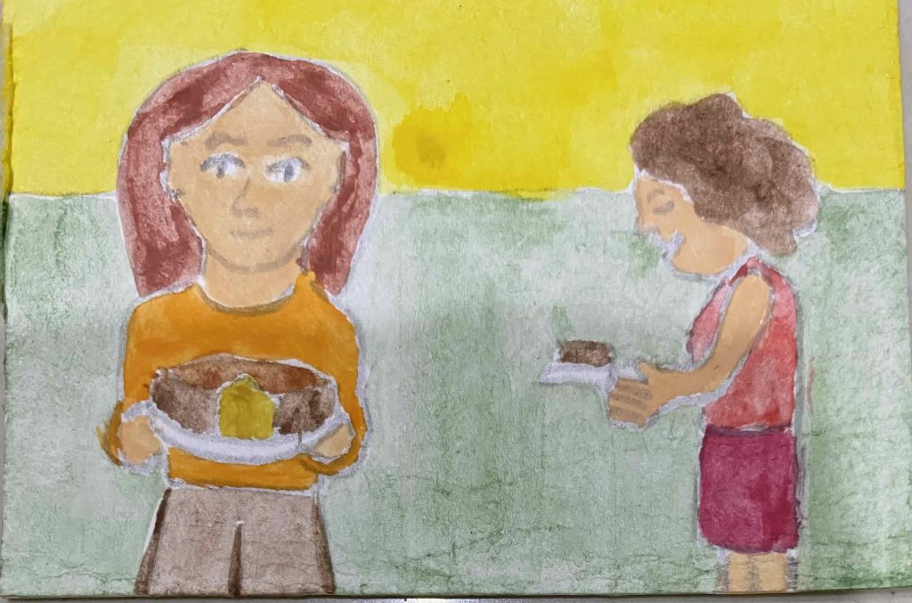 Mimi serving choc cake to Cai & others at TToT bloghop.