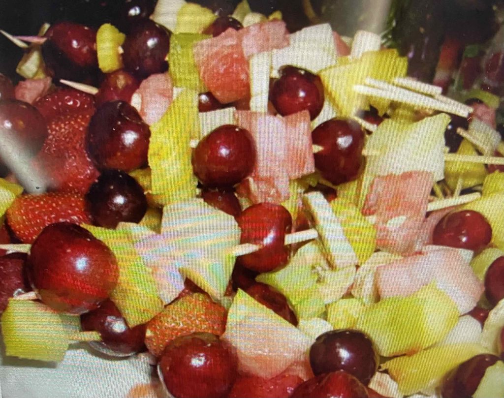 Fresh fruit on skewer: strawberry, water melon, pineapple, sweet melon, etc.