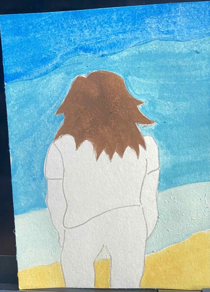 Watercolor painting of sea water at beach sand, farther out in shallow water and in deeper water.