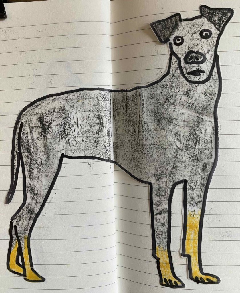 Manchester Terrier, after coloring with oil pastels.