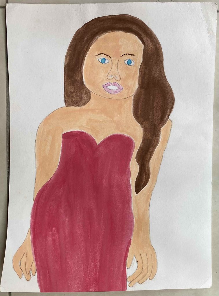 Woman with dark brown hair, blue eyes, wearing dark red dress.