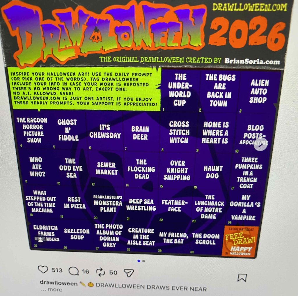 Drawlloween 2026 schedule of prompts by Brian Soreia.