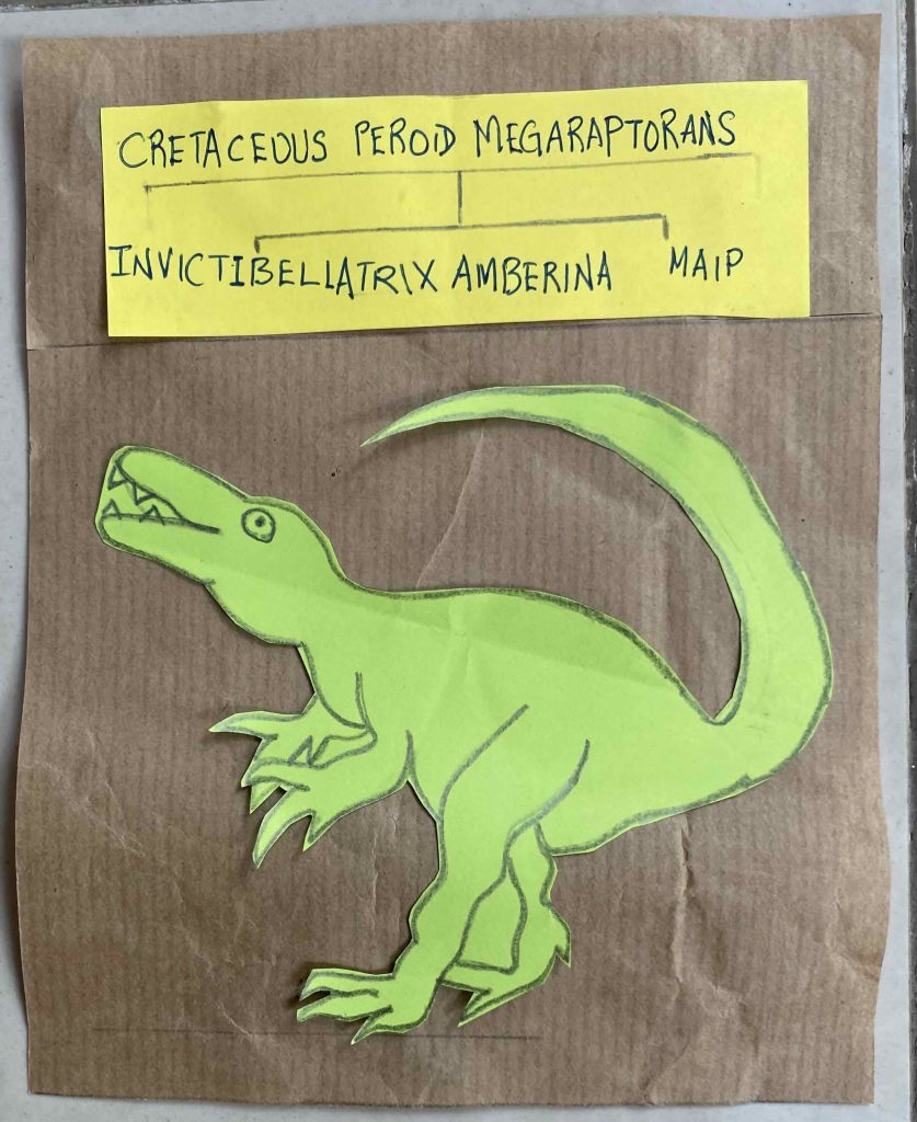 I for Invictibeliatrix Amberina, a descendant of the Cretaceous Period Megaraptorans