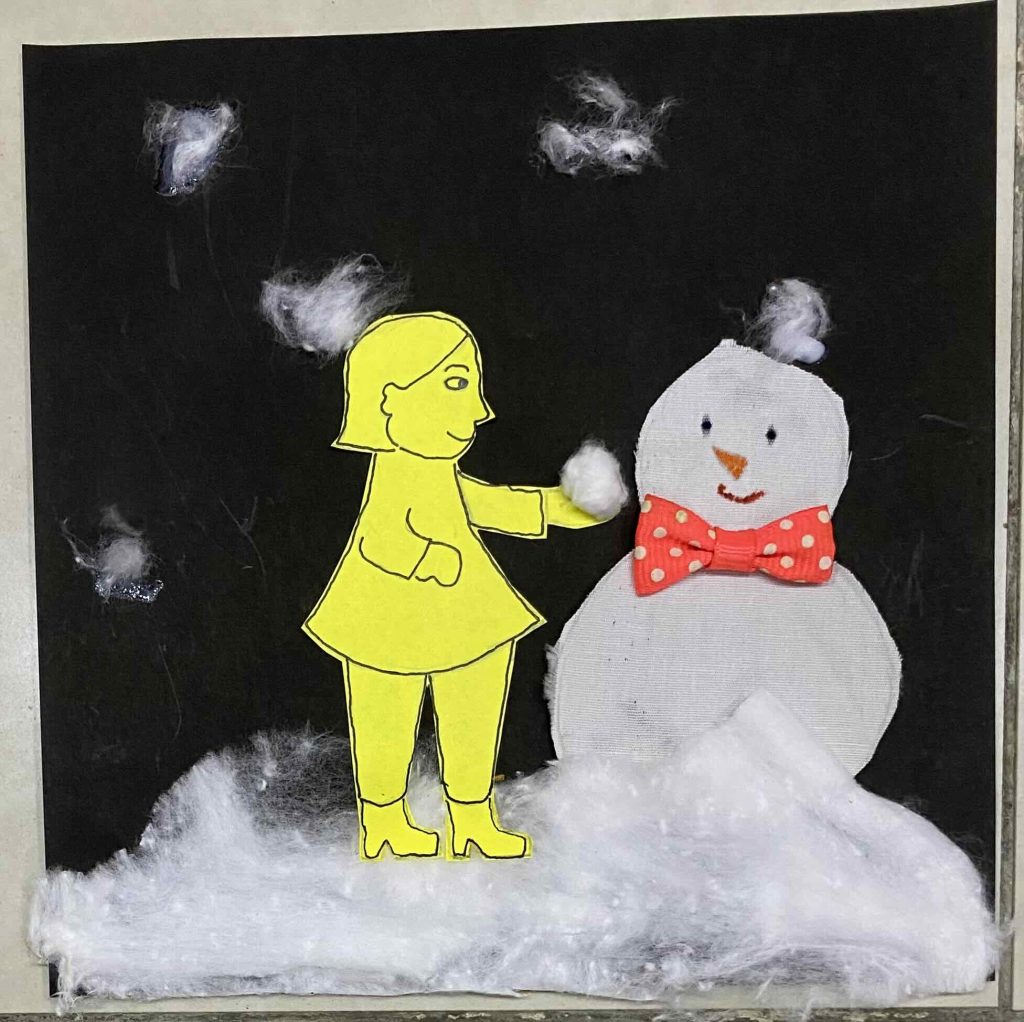 Cai's avatar building a snowman in winter season's night.